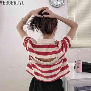 Werueruyu Koreaanse zomer vrouwen polo kraag korte mouw t-shirts zoete student dunne gebreide top 210608