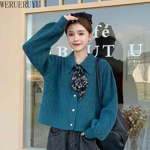 Werueruyu Koreaanse trui korte cardigan college stijl bloem knitwear losse V-hals winter herfst gebreide 210608