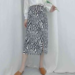 Werueruyu Zomer Koreaanse stijl zebra-streep hoge taille retro tas hip rok one-step dames slanke 210608