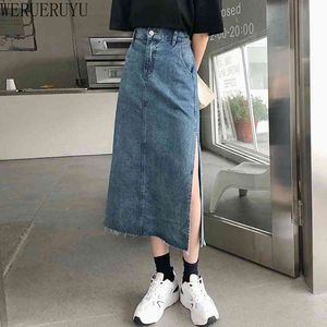 WERUERUYU Femmes Denim Jupe Taille Haute Côté Spilt Jupe Droite Coréenne Chic Mode Streetwear Jupe 210608