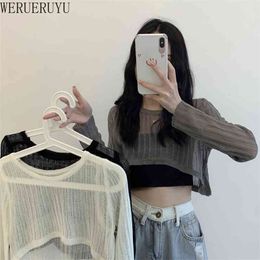 Werueruyu vrouwen zomer t-shirts Super korte sexy lange mouw zie door tops solide Koreaanse stijl kleding 210722