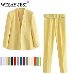 WESAY JESI Traje de oficina para mujer Blazer de moda Traje de pantalón Traje de color sólido simple Cuello Manga larga + Pantalones Conjunto de 2 piezas Blazer 211007