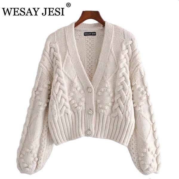 WESAY JESI femmes printemps tricoté Cardigan femmes pull épais lâche lanterne manches perle bouton court doux et paresseux Style 210918