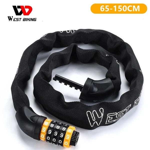 West Biking 65-150 cm Lock de chaîne de vélo multi-longueurs 5 chiffres combinaison Antift The Bicycle Lock Motorcycle Ebike Accessoires 240418