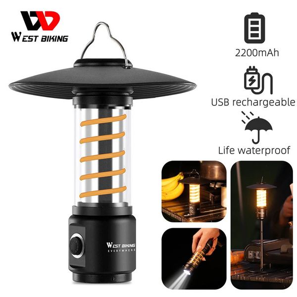 West Biking LED Camping Light USB Rechargeable Ampoule pour lampe de tente extérieure Lanterne portable Lanterne d'urgence Randage de lampe de poche 240407