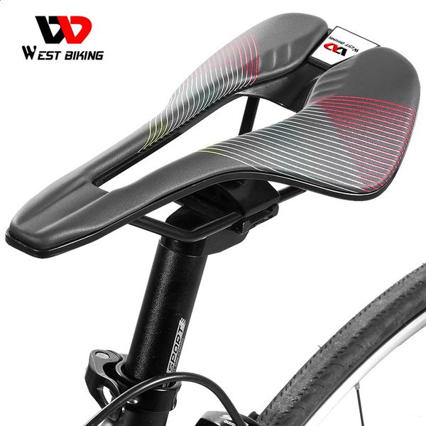 WEST BIKING Sillín de bicicleta profesional, asiento de carreras de bicicleta ultraligero hueco, cojín de cuero suave para hombre, piezas de ciclismo de carretera MTB 240131