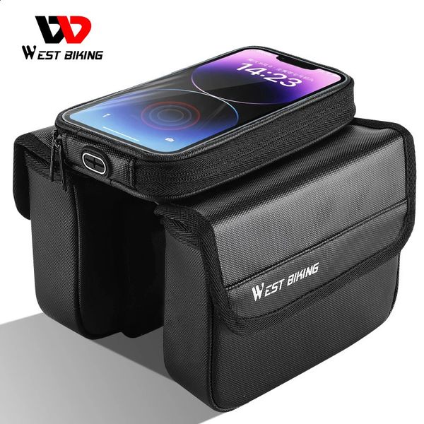 WEST BIKING Bolsa impermeable para cuadro frontal de bicicleta, bolsa doble de 7,2 pulgadas, bolsa con pantalla táctil para teléfono, viaje en bicicleta, bolsa de tubo superior MTB 240219