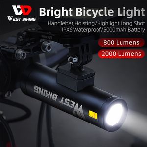 Faro de bicicleta impermeable de ciclismo oeste 800/2000 Lumen Tipo-C Carga Road Mtb Bicicleta Lámpara delantera Ligera LED Ultralight Linter