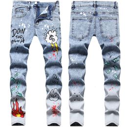 West Coast hiphop meerkleurig bedrukte gatenpatch slim fit elastische roergebakken sneeuwvlok kleine jeans met rechte pijpen