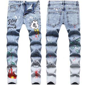 West Coast hiphop meerkleurig bedrukte gatenpatch slim fit elastische roergebakken sneeuwvlok kleine jeans met rechte pijpen