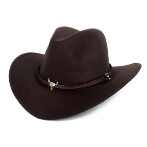 West Cowboy Hat Mode Imitation Laine Feutre Métal Tête de Taureau Décoration Sombrero Western Hommes Femmes Casquette Noir Brun 240311