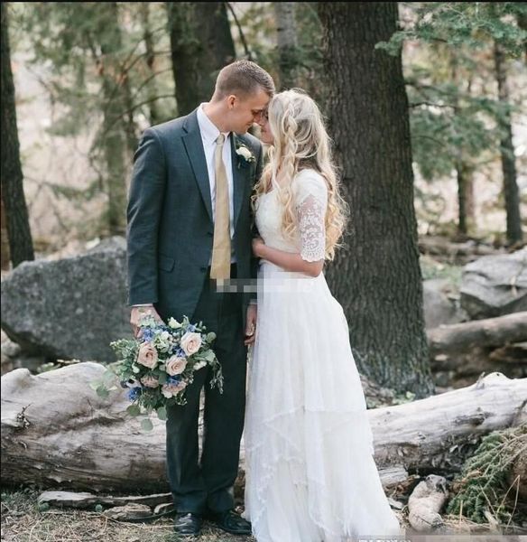 Vestidos de novia del país occidental Gasa de encaje Modesto Cuello en V Medias mangas Vestidos de novia bohemios largos Tallas grandes Robe de mariee en dentelle