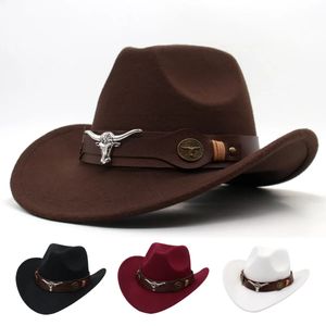 Western Cowboy Black Hat With Bull Decor Classic Brim Jazz Imitation Wool Hats For Women Filt Hats met Cow Head Knight Hat 240425