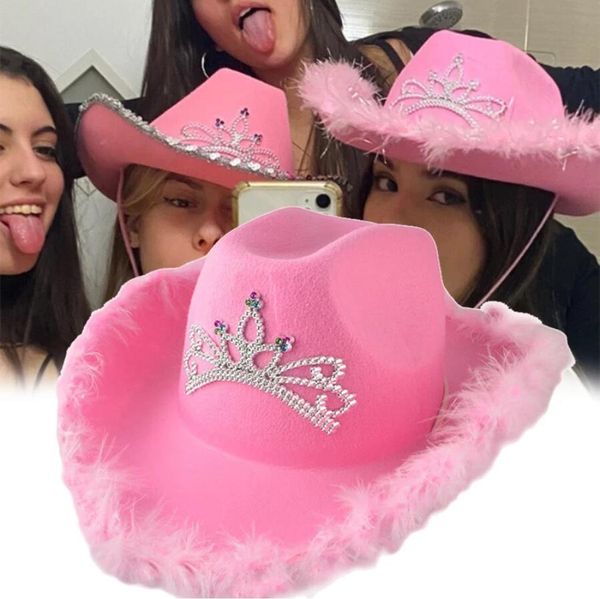 Western Cowboy Caps Pink Crown Cowgirl Cowgirl For Women Girl Tiara Cowgirl Chapeaux de vacances Caps de fête de vacances Feather Edge Fedora Cap