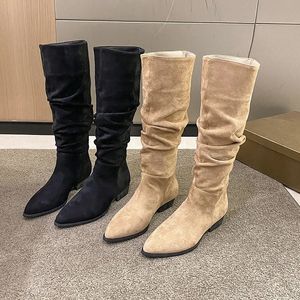 Western cowboy voor 155 laarzen Women PUSned Toe Brand suede lederen schoenen knie hoge dikke hiel comfortabele wandelschoen vrouw 240407 657