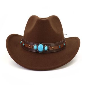 Chapeau Western Cowboy avec Ceinture Marron Large Bord Jazz Fedora Cowgirl Chapeaux Style Ethnique Panama Top Cap Protection UV Extérieure