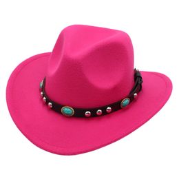 Sombrero de vaquero occidental con cinturón turquesa, sombrero de Panamá de fieltro con ala curva rosa fuerte, sombrero de vaquera para padres e hijos, sombrero de sol para adultos y niños