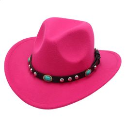 Chapeau de cowboy occidental avec ceinture turquoise, bord incurvé rose, casquette Panama en feutre, Cowgirl Fedoras ParentChild Sun pour adultes et enfants 240311