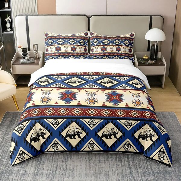 Funda nórdica occidental, edredón bohemio, geometría Tribal, juego de cama azteca, juegos de cama con estampado de toros Queen King y 2 fundas de almohada 240131