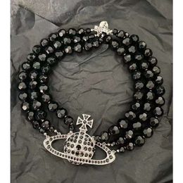 Western impératrice douairière couche Agate grand collier saturne femme Nana même Style trois anneaux noir perle collier chaîne