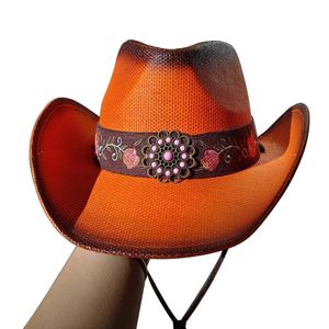 Chapeau de Cowboy Orange occidental en paille à bord bouclé, pare-soleil épais d'été pour hommes et femmes, plage 240326