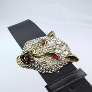 Cinturón de cuero con estampado de tigre y hebilla de cabeza de leopardo con diamantes de imitación occidentales para hombre, regalo Jeans248j