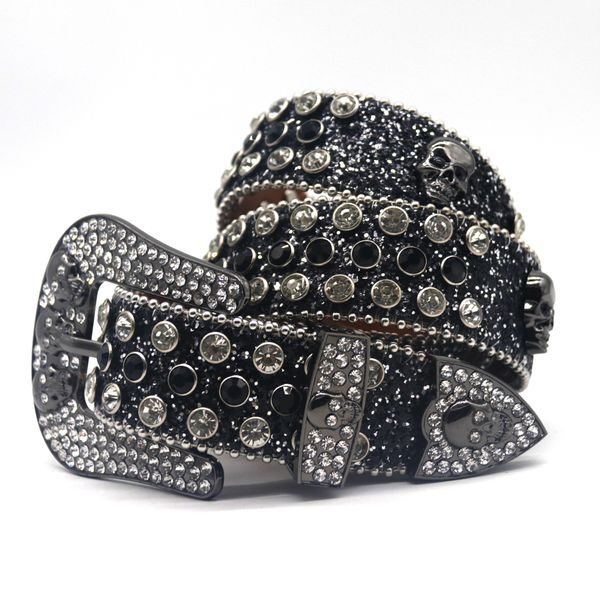 Cinturón de diamantes de imitación occidentales Hebilla de pasador con tachuelas de diamantes Correa de lujo de moda casual Cinturones de cuero de PU negro Bling para mujeres