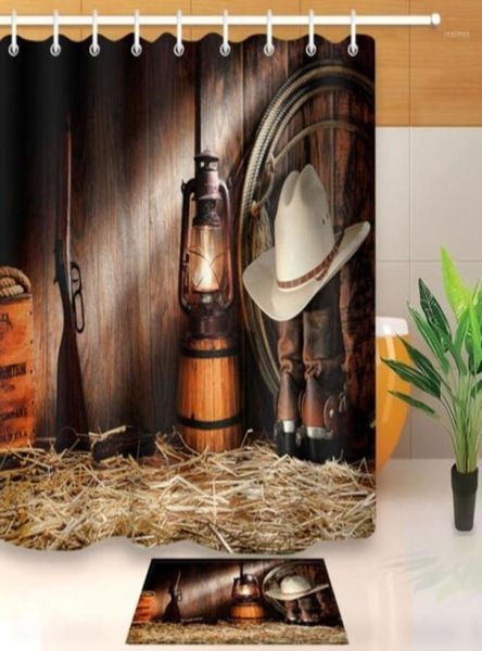 Rideau de douche occidental rustique grange en bois ferme West Cowboy Cowboy Tissu imperméable Bath Bath Decor Decor Set With Hooks15758507