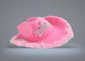 Westerse stijl tiara cowgirl hoed vrouwen meisje roze brim cowboy cap pailletten vakantiekostuum feest veer rand hoeden met drawstri3537197