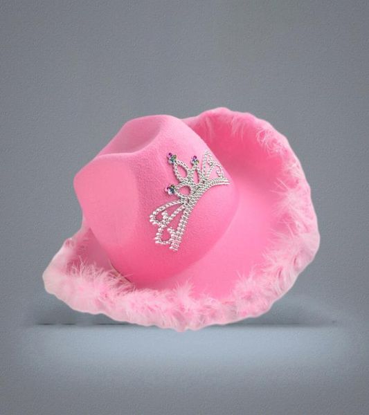 Western Style Tiara Cowgirl Hat Women Girl Pink Wide Wide Brim Cowboy Cap Sequins Costume Costume Femme Feather Edge Hats avec Drawstri4939000