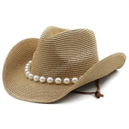 Western Summer Outdoor Women Cappelli di paglia da cowboy intrecciati a mano Ragazza Cappello da spiaggia traspirante a tesa larga Cappello da protezione solare