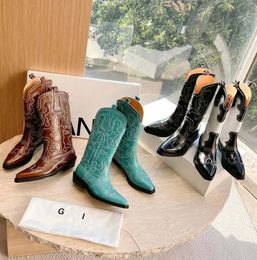 Westerse dames geborduurde laarzen Designer Fashion Amerikaanse hoogwaardige cowboylaarzen Lederen puntige cowboylaarzen maat 35-45 76231