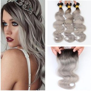 Wet And Wavy 1B Gris Ombr￩ Cheveux Malaisiens 3 Bundles avec Fermeture Racines Noires Argent Gris Ombre Cheveux Humains Tisse Fermeture À Vendre