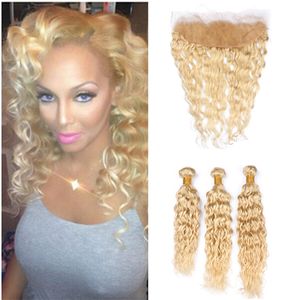 Wet and Wavy Blonde Human Hair Bundles with Frontal Closure 613 Water Wave Frontal and Bundles Bleach Blonde Brazilian Curly Hair Weave Weft