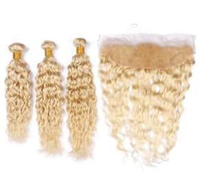 Tissages de cheveux humains vierges brésiliens blonds humides et ondulés avec frontaux vague d'eau 613 blond 13x4 fermeture frontale en dentelle avec faisceaux7749320