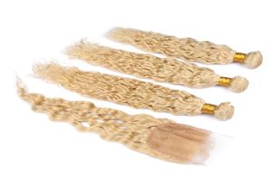 Tissages de cheveux humains vierges brésiliens blonds humides et ondulés avec fermetures vague d'eau 613 blonde fermeture en dentelle 4x4 avec faisceaux offres 3399169