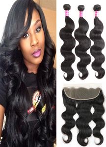 Natte en golvende Braziliaanse body wave haarbundels met frontale 13x4 kant Frontale en remy menselijke haarweefselbundels topextensies Chea6349160