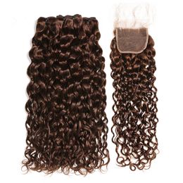 Chocolade bruin Braziliaanse natte en golvende menselijke haar 3bundles met sluiting # 4 Donkerbruin Watergolf Virgin Hair Lace Sluiting 4x4 met weefsels