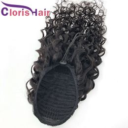 Natte en golvende trekkoord Paardenstaart Menselijk Hair Extensions met Clip Ins voor Zwarte Vrouwen Natuurlijke Maleisië Virgin Water Golf Verstelbare Paardenstaarten