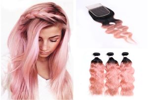 Tissages de cheveux humains roses humides et ondulés avec fermeture à lacets cheveux humains ondulés naturels or Rose 3 paquets avec fermeture à lacets 8337135