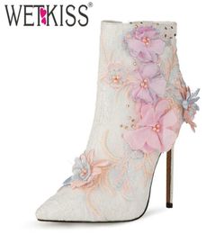 Chaussures de mariage wetkiss femme fleur de la cheville bottines stiletto pointues bottettes de dentelle de fête