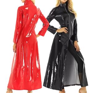 Wetlook veste en cuir verni vêtements longs pour femmes Streetwear couleur unie Steampunk gothique revers veste de motard S-5XL manteau à glissière 240112
