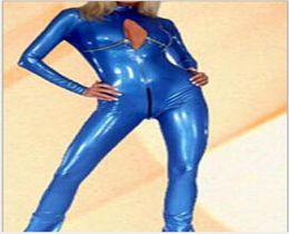 Wetlook Costume de Catsuit en cuir bleu brillant sans entrejambe buste ouvert combinaison en Faux cuir Sexy body en Latex femmes discothèque Wear4701173