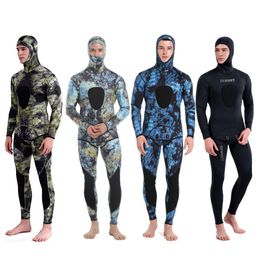 Wetsuits Drysuits 3 mm Camouflage Wetsuit Lange mouw Kernsplijting Capuchon 2 Stuks Neopreen Dompelpompen Voor Heren Warm Houden Waterdicht Duikpak 230605