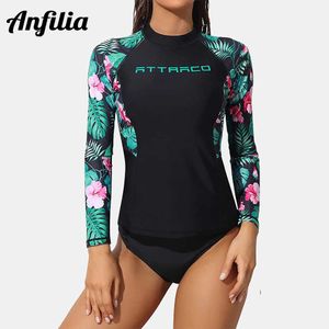 Anfilia Femmes Manches Longues Rash Guard Chemises Maillots De Bain Rash Guard Top Surf Top Impression Florale Chemise Ajustée UPF 50 J230505