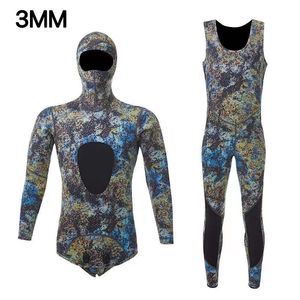 Wetsuits Drysuits camouflage long sleeved fist hood 2-piece 1.53MM neoprene diving suit men's warm and waterproof diving suit 230406