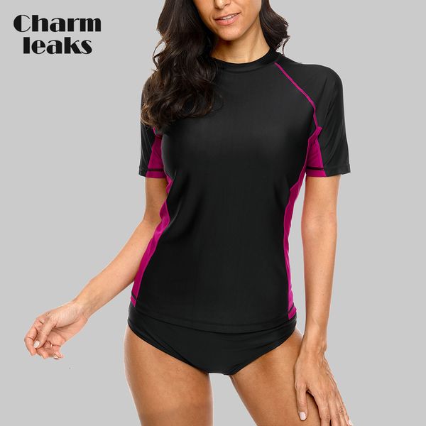 Combinaisons humides Combinaisons étanches Charmleaks Maillot de bain manches courtes Rashguard pour femme Maillot de bain Patchwork Maillots de bain Surf Top Running Bike Shirt Rash Guard UPF50 230607