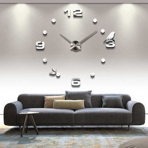 Wew Real Metal 3D DIY Acryl Spiegel Vogels Wall Clock Watch Woondecoratie Moderne Naald Quartz Stickers 210724