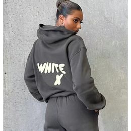 WF-femmes lettre imprimée 2 pièces tenues FOX col bénitier manches longues noir blanc sweat et pantalon ensemble survêtement