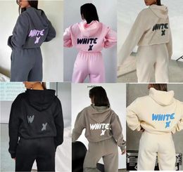 WF-femmes lettre imprimée 2 pièces tenues FOX col bénitier manches longues noir blanc sweat et pantalon ensemble survêtement A1